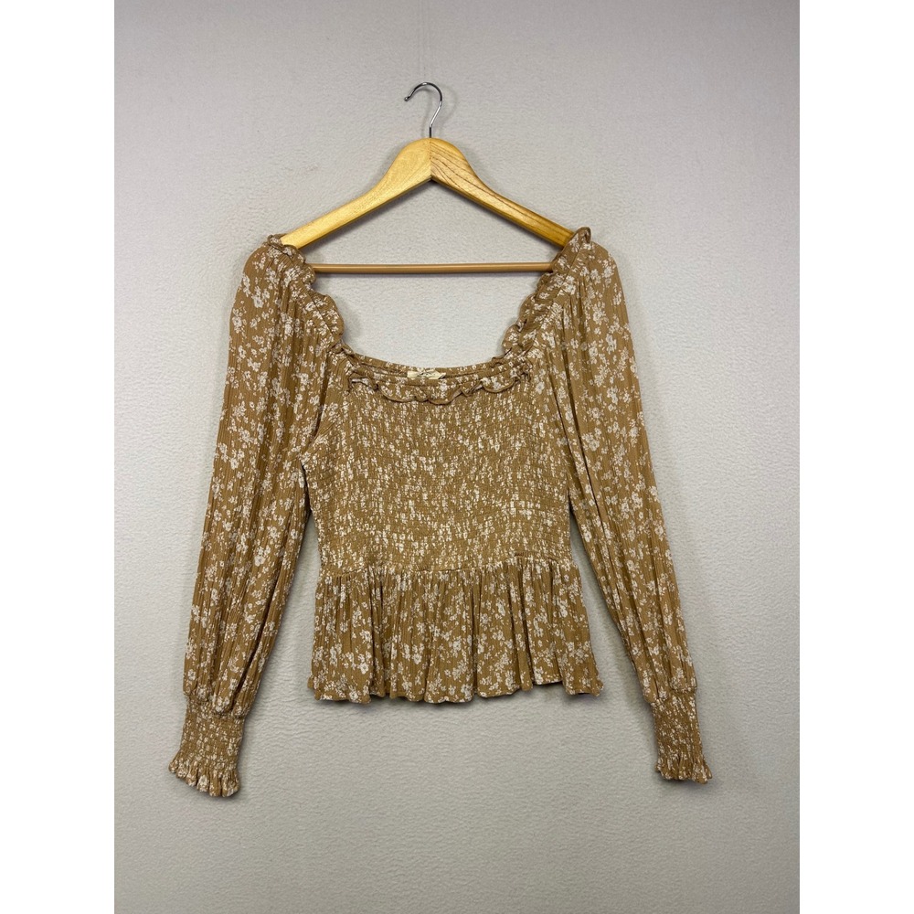 Cottagecore Bella Ella Boutique Women L Tan Floral Smocked Peplum Blouse Prairie